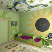 zielony pokój dla dziecka, zwróćcie uwagę na oryginalny sufit