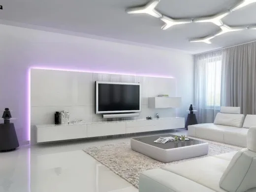 Nowoczesna aranżacja salonu, podświetlana ściana z telewizorem