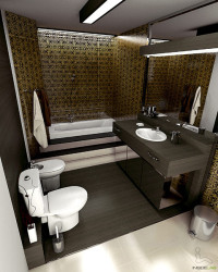 Łazienka nowoczesna z rzucającymi się w oczy płytkami z pięknym wzorem kontrastującymi z drewnia ...