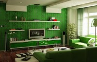 pokój dzienny w zieleni, zielona sofa zielone ściany, sufit podwieszany dwa pasy z halogenami