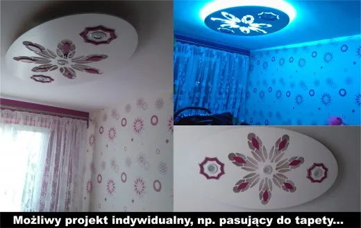 Sufit podwieszany, plafon tkled, lampa wisząca wycięta z drewna, projekt na wzór tapety