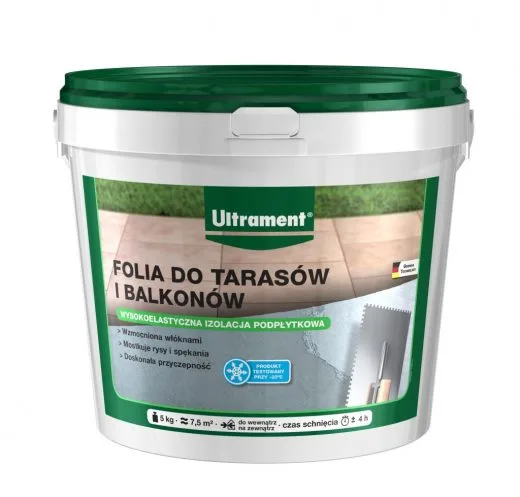 Folia do tarasów i balkonów Ultrament to wysokoelastyczna izolacja podpłytkowa, przeznaczona